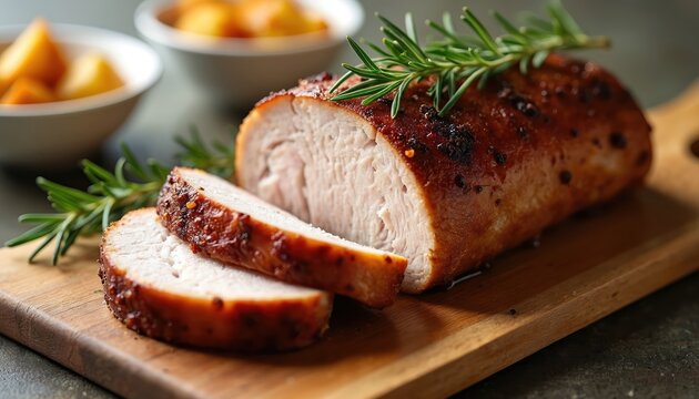 Sliced roasted pork loin rests on a wooden board with fresh rosemary sprigs. Slices reveal tender meat and browned crust. Side bowls of roasted potatoes suggest a hearty meal.