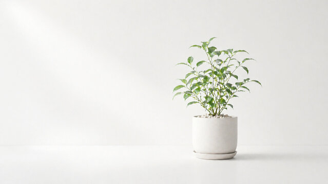 白背景に置かれた観葉植物 ミニマルで余白のある空間
