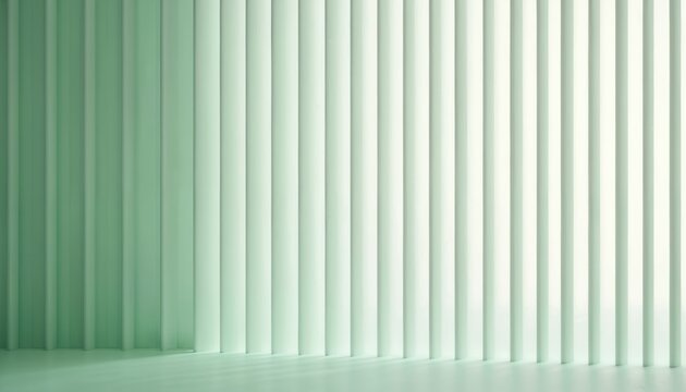 Vertical blinds create abstract green and white striped pattern. Light passes through narrow gaps, creating soft shadows and gradient effect on clean background. Ideal for interior design templates.