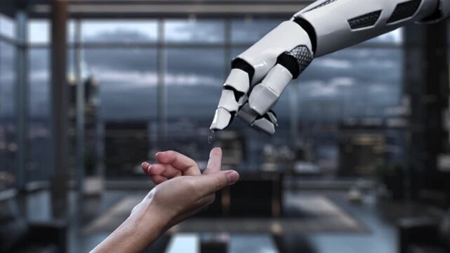 Explore the intersection of technology and communication with a robotic hand engaging with a virtual AI chatbot interface in a modern office environment. Auvana