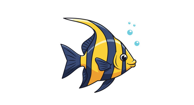 Colorful yellow and black striped angelfish swimming with small bubbles in a cute and playful cartoon style on a white background.