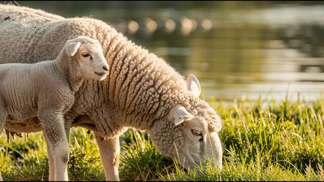A tender moment between a ewe and her lamb grazing peacefully in a sun-drenched pasture by the water's edge