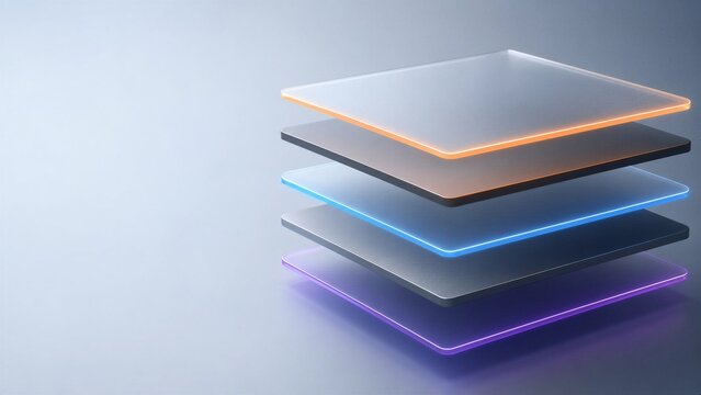 Minimalist representation of a software stack featuring frosted glass and matte metal layers. Neon outlines in orange, blue, and purple. Clean and professional corporate IT style