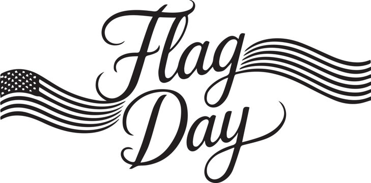 Calligraphic flag day typography text with stylized waving stripes of the american flag for patriotic holiday celebration and national pride.