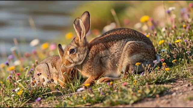 Graceful wild rabbits peacefully coexist amidst a vibrant tapestry of wildflowers by a serene water body