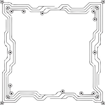 Circuit board frame template with digital technology lines and connection points for modern electronic designs and cyber security layouts.