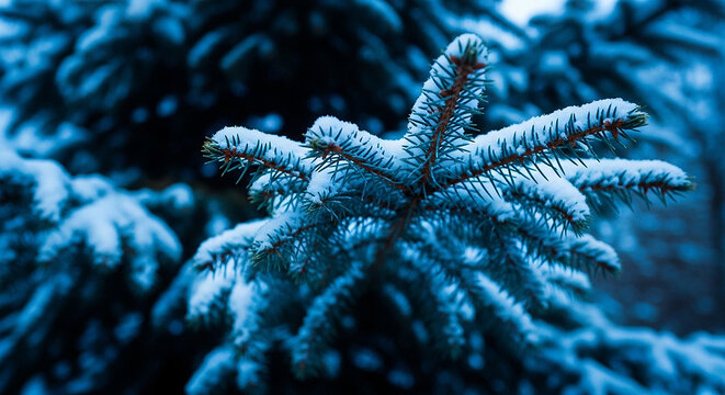 Snowy blue spruce tree branches in winter