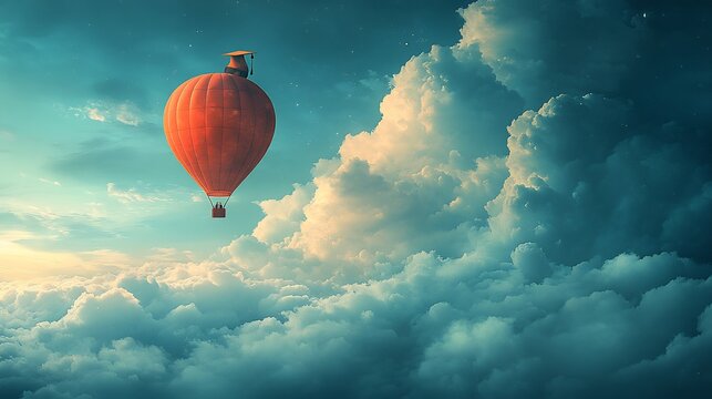 Whimsical graduation card showing a hot air balloon with a graduate cap floating among clouds The design suggests limitless possibilities and soaring to new heights