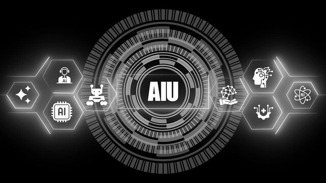Artificial intelligence unit concept featuring a central circular digital interface surrounded by glowing hexagonal representing various machine learning and robotic technology themes
