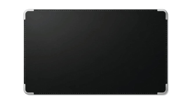 Black leather cover with silver corner protectors and stitching