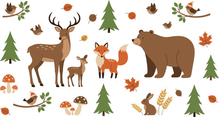 Cartoon woodland animal icons with autumn forest elements representing wildlife and nature symbol vector illustration © Sheikh