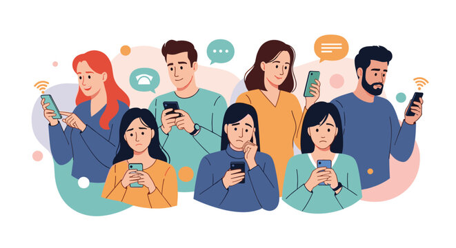 Diverse group of people absorbed in their smartphones and ignoring each other in a flat vector illustration.