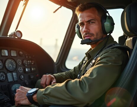 Male pilot in helicopter cockpit wears headset and uniform. He controls aircraft with serious expression. Sunlight shines through windscreen.
