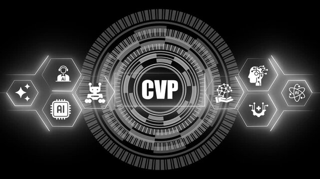 Computer vision processing concept featuring a central circular digital interface surrounded by glowing monochrome hexagonal representing various machine learning and robotic technology