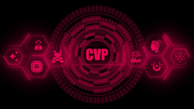 Red glowing digital interface featuring the acronym cvp surrounded by circular patterns and various artificial intelligence related in hexagonal frames on a dark background