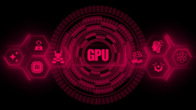 Red glowing digital interface featuring the acronym gpu surrounded by circular patterns and various artificial intelligence related in hexagonal frames on a dark background