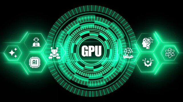 Green glowing digital interface featuring the acronym gpu surrounded by circular patterns and various artificial intelligence related in hexagonal frames on a dark background