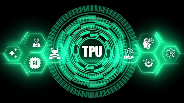 Tpu tensor processing unit text displayed inside a glowing green circular digital interface surrounded by various artificial intelligence on a dark background for tech concepts