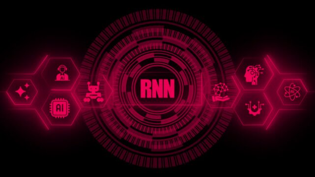 Rn recurrent neural network text displayed inside a glowing magenta circular digital interface surrounded by various artificial intelligence on a dark background for tech concepts