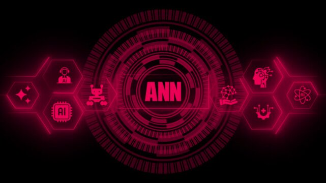 An artificial neural network text displayed inside a glowing magenta circular digital interface surrounded by various artificial intelligence on a dark background for tech concepts