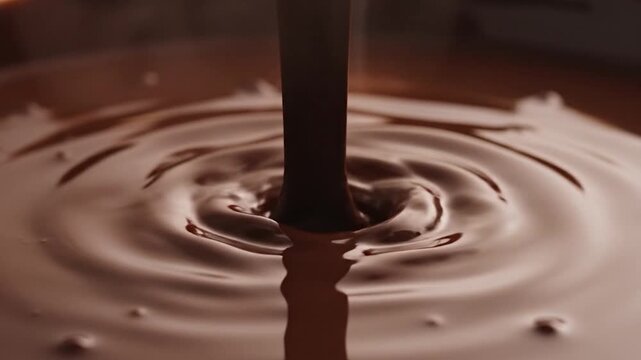 Close-up shot of a dark, flowing, sweet and delicious liquid being poured into a bowl, creating ripples and waves on the surface