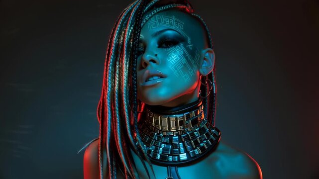 Futuristic Woman with Braids and Light Patterns on Face in Neon Lighting