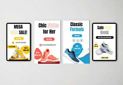 Mobile App UI UX Story Mockup Set for Shoe Sale Advertisement and Online Shopping Promotion