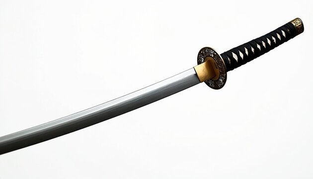 Sharp katana sword with polished steel blade and black wrapped hilt. Decorative gold tsuba guard on white background. Traditional Japanese weapon detail.