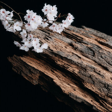 Delicate white spring blossoms resting on rough textured wood bark against black background