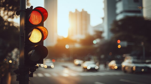 Traffic Signal at Sunset in Urban Environment with Cars and Cityscape, Blurred Background, Red and Yellow Light, Road Safety Symbol