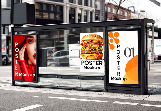 Multiple Vertical Poster Mockups at Modern Bus Stop Shelter on City Street