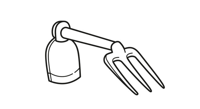 Hand-drawn outline of a combination garden hoe and fork tool, essential for soil cultivation, weeding, and yard maintenance.