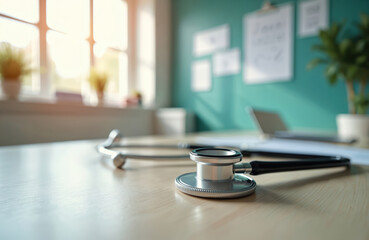Fototapeta na wymiar Doctor office desk with stethoscope laptop and window light. Medical consultation room with healthcare instruments and plant. Wellness center, clinic interior detail.