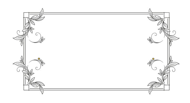 Elegant rectangular border frame with delicate black floral scrolls and leaf patterns on a white background for invitations or cards.