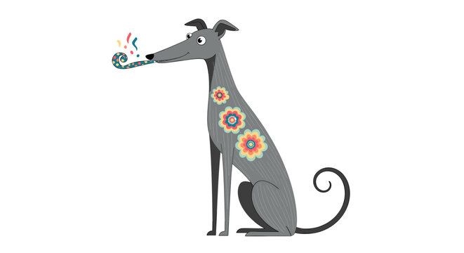 Tall grey greyhound dog wearing floral patterns on its side and blowing a colorful party horn for a celebratory birthday event.