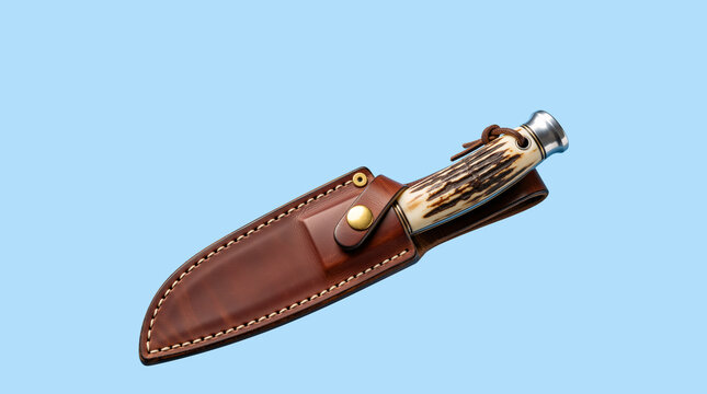 Fisherman's knife with bone handle in brown leather sheath. Vintage hunting tool on light blue background. Copy space for text