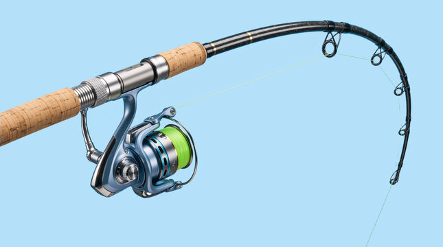 Bending fishing rod with spinning reel and taut green line. Close up of modern angling equipment under tension on blue background