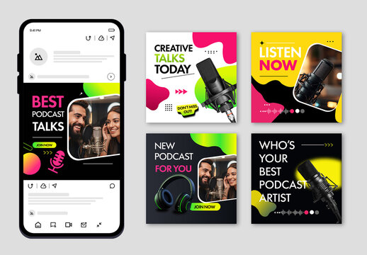 Podcast Social Media Post Template Bundle for Creative Talks and Audio Streaming Promotion