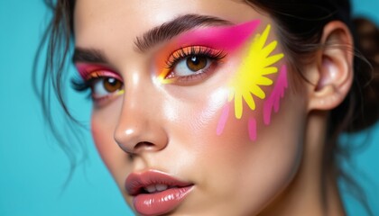 Fototapeta premium Young woman with vibrant neon eyeshadow and creative face paint. Colorful eye makeup application shows bold artistry. Playful cosmetic trend for modern beauty.