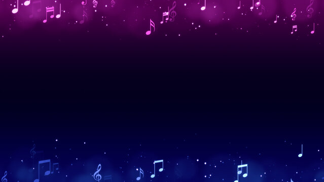 music note and shiny glittering blue pink stars border frame , musical concert and party social media and story background