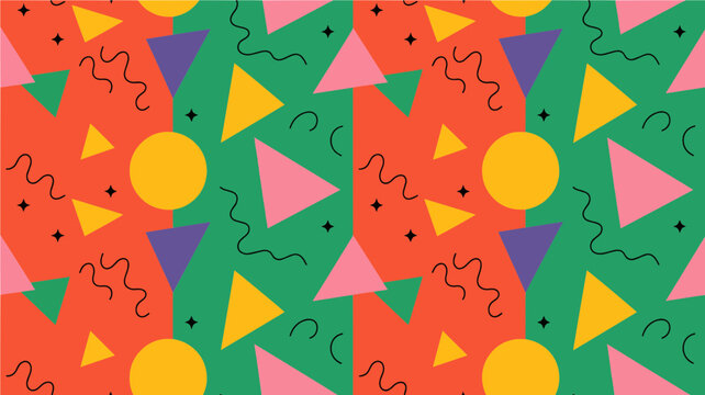 A colorful geometric pattern featuring various shapes and lines in a vibrant design