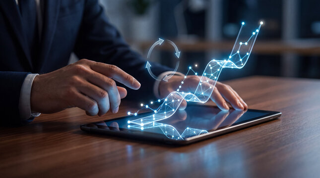 Businessman analyzing digital financial data and growth trends on a futuristic glowing graph projected from a tablet.
