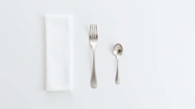 Elegant silverware set on a napkin, including fork, knife, and spoon.