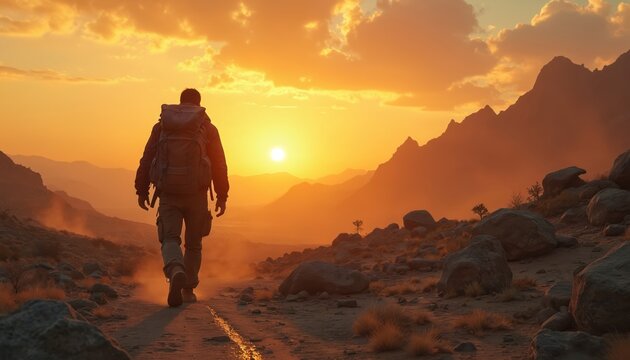 Lone hiker with backpack walks dusty path at sunset through arid mountains. Silhouette against bright orange sky, vast empty landscape, survival trek.