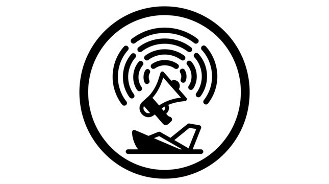 Emergency alert symbol featuring a megaphone broadcasting urgent sound waves above a distressed vessel, indicating a critical warning or call for assistance in a crisis situation