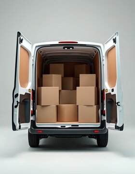 White delivery van with open rear doors is filled with cardboard boxes. The vehicle is ready for shipping and logistics operations. It transports goods efficiently.