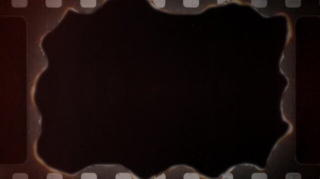 Burning film strip frame with alpha channel in Apple ProRes 4444, transparent isolated overlay, vintage burnt edges, warm brown glow, seamless loop, ready for compositing