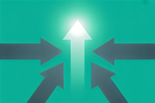 Four dark arrows pointing toward a glowing central upward arrow