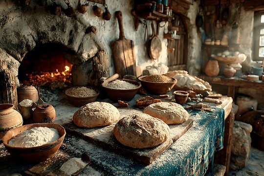 Old world baking setup with primitive dough rounds and stone tools ideal for educational content images