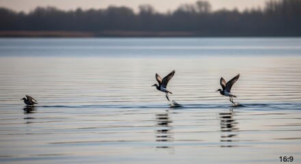 Naklejka premium birds taking off from water, serene lake scene